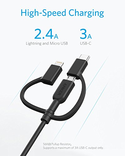 Anker Powerline II 3-in-1 Lightning, USB C, Micro USB Cable - color: Black