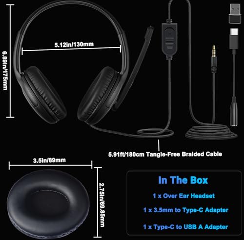 Megadream Over Ear Gaming Headset with Mic (3.5mm) - Headphone with to-Shiba Speaker, Protein Earpads Braided Cable for PS5/PS4/Xbox/Switch/PC/iPad/Tablet/Remote Work/Office- with USB-C/USB-A Adapter - color: Black | Dual Ear | Vertical Mic