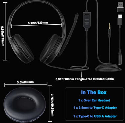 Megadream Over Ear Gaming Headset with Mic (3.5mm) - Headphone with to-Shiba Speaker, Protein Earpads Braided Cable for PS5/PS4/Xbox/Switch/PC/iPad/Tablet/Remote Work/Office- with USB-C/USB-A Adapter - color: Black | Dual Ear | Vertical Mic