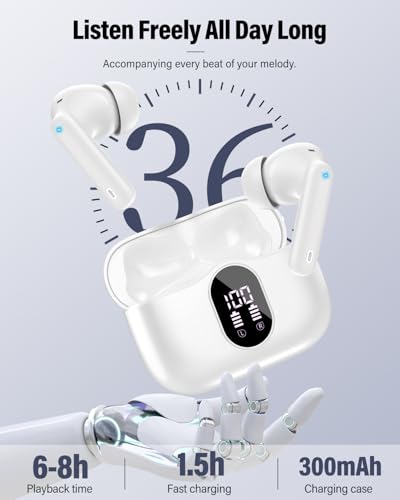 Wireless Earbuds, Bluetooth 5.4 Headphones Bass Stereo/Clear Calls, White - color: White