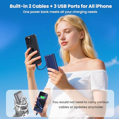 Portable Charger 40,800mAh Power Bank with Built-in Cables,5 USB Output Battery Pack Backup,25W PD Fast Phone Charging Travel Essential Outdoor for iPhone 18 Pro MAX/17/16/15,Android Galaxy Pixel-Blue - color: B-Navy