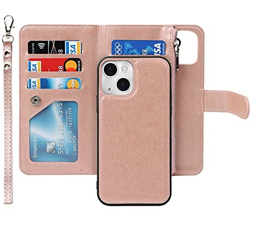 iCoverCase Compatible with iPhone 13 Wallet Phone Case with Card Holder, PU Leather Zipper Pocket Magnetic Detachable Flip Case with Wrist Strap (Rose Gold) - color: Detachable--Rose Gold