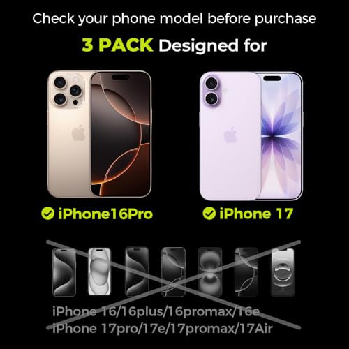 3-Pack Screen Protector for iPhone 16 Pro/17 with [Easy Pull] Installation Frame,9H Hardness Tempered Glass,Ultra Resistant, HD Clear, Bubble-Free, Case Friendly[Not for Pro Max/Plus Models] - size: iPhone 17/16 Pro - 3 Pack
