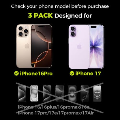 3-Pack Screen Protector for iPhone 16 Pro/17 with [Easy Pull] Installation Frame,9H Hardness Tempered Glass,Ultra Resistant, HD Clear, Bubble-Free, Case Friendly[Not for Pro Max/Plus Models] - size: iPhone 17/16 Pro - 3 Pack