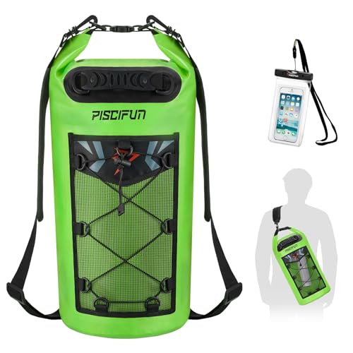 Piscifun Dry Bag, Waterproof Floating Backpack 10L/20L/30L/40L | Waterproof Phone Case, Adjustable shoulder straps, Roll-top closure keeps gear dry, Ideal for Boating, Kayaking, Fishing - color: Light Green, style: 20l