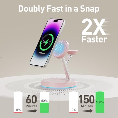 3 in 1 Mag-Safe Wireless Charger Stand for iPhone Apple Watch AirPods - color: Pink