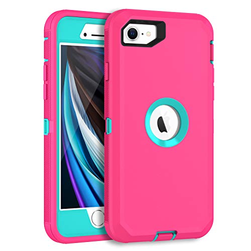 MXX Case Designed for iPhone SE Case 2020 /SE 2022 Heavy Duty Protective with Screen Protector [3 Layers] Rugged Rubber Protection Cover & Rotating 360 Degree Belt Clip SE 3rd/2nd Gen(Pink/Light Blue) - color: Pink/Light Blue