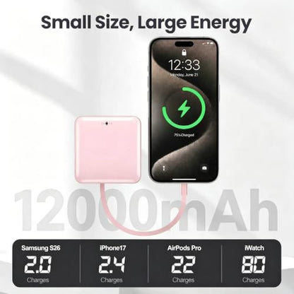Mini Portable Charger for iWatch 12000mAh, Power Bank with Built-in Cables - color: Rose Pink