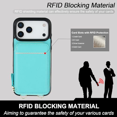 Bocasal Multi-Slot Crossbody Wallet Case for iPhone 17 Pro Max, Mint Green | RFID Blocking PU Leather Purse Case with Card Holder, Handbag Flip Cover with Zipper Wrist Strap Lanyard for Women 6.9 Inch - color: Green