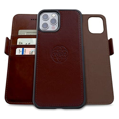 Dreem Vegan Leather Magnetic Detachable Wallet Case for iPhone 13 Pro | Built-in Phone Stand, RFID Blocking Card Holder Flip Cover, MagSafe Compatible, Gift Box [Fibonacci: Coffee] - color: Coffee, size: iPhone 13 Pro