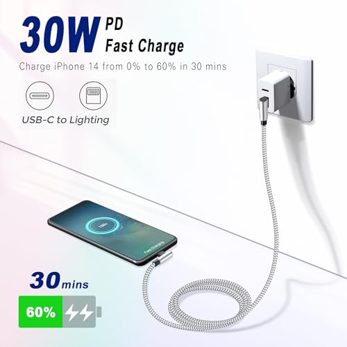 90 Degree iphone Charger MFi-Certified, USB-C to Lightning Cable 10ft 2Pack - size: 10FT