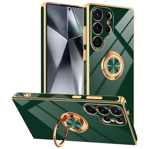 Green Designed for Samsung Galaxy S25 Ultra Case with Ring Stand | Support Magnetic Car Mount, 360° Rotatable Finger Holder, Soft TPU Cover Plating Edge, Protective Slim Kickstand Phone Case - color: Green, size: 6.9'' S25 Ultra