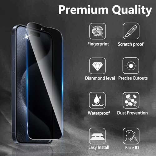 3+3 Pack Privacy Screen Protector Designed for iPhone 15 Pro With 3 Pack Camera Lens Protector,Full Coverage Anti-Spy Tempered Glass Film,9H Hardness,Bubble Free,Easy to Install - color: iPhone 15 Pro FK33