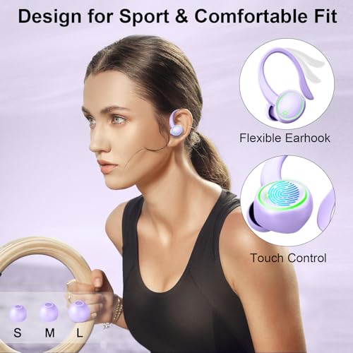 Matast Wireless Earbuds, Bluetooth 5.4 Headphones Sports, 45H Playback Over-Ear Buds with ENC Noise Cancelling Mic, HiFi Stereo Fitness Earphones with Earhooks, IP7 Waterproof Headset - color: Purple