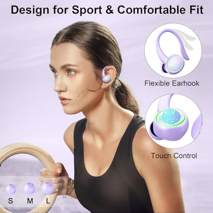 Matast Wireless Earbuds, Bluetooth 5.4 Headphones Sports, 45H Playback Over-Ear Buds with ENC Noise Cancelling Mic, HiFi Stereo Fitness Earphones with Earhooks, IP7 Waterproof Headset - color: Purple