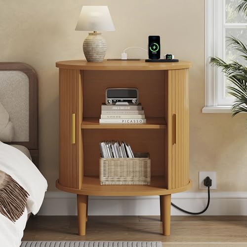 DHH Mid Century Modern Nightstand with Charging Station, Fluted Accent Side Table with Sliding Door & Adjustable Shelf, End Table for Small Space, Living Room, Bedroom,Sofa Couch(1, Yellow) - color: Yellow Walnut