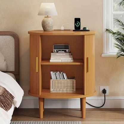 DHH Mid Century Modern Nightstand with Charging Station, Fluted Accent Side Table with Sliding Door & Adjustable Shelf, End Table for Small Space, Living Room, Bedroom,Sofa Couch(1, Yellow) - color: Yellow Walnut