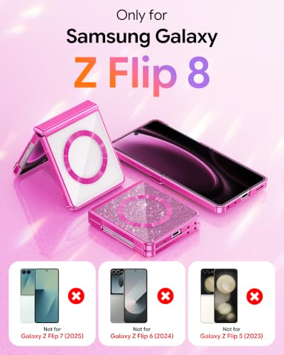 Meifigno for Samsung Galaxy Z Flip 8 Case Compatible with MagSafe, Hot Pink | Raised Camera Protection, Rugged Hinge Protection, Metallic Glossy Plated Edge & Crystal Clear Back, Detachable Glitter Card - color: Hot Pink, size: Z Flip 8