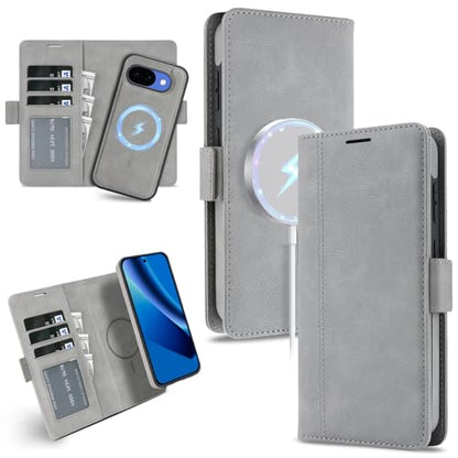 for Google Pixel 10a Wallet Case Compatible with Magsafe, 2 in 1 Leather Flip 3 Card Holder Magnetic Detachable Cover Q1 (Gray, Google Pixel 10a) - color: Gray, size: Google Pixel 10a