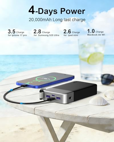 NOBIS Portable Charger 20000mAh 45W Power Bank with Detachable C-Cable - color: Black
