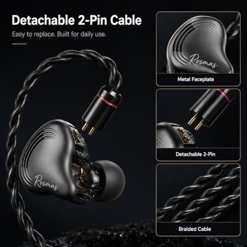 Rosmas Wired Earbuds with Mic,SM10 Pro Wired Gaming IEM Earbuds with Mic, Detachable 2-Pin Cable, 4BA+1DD Hybrid in-Ear Headphones, Secure Over-Ear Fit, 3.5mm for PC and Controllers，Black - color: Black