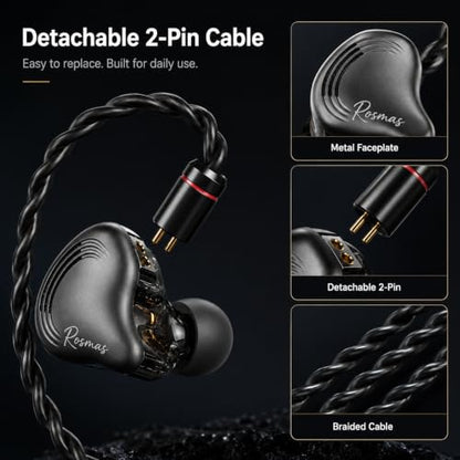 Rosmas Wired Earbuds with Mic,SM10 Pro Wired Gaming IEM Earbuds with Mic, Detachable 2-Pin Cable, 4BA+1DD Hybrid in-Ear Headphones, Secure Over-Ear Fit, 3.5mm for PC and Controllers，Black - color: Black