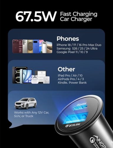 AINOPE 67.5W 12V Car Charger, Cigarette Lighter USB Charger Fast Charging - color: Black - Standard
