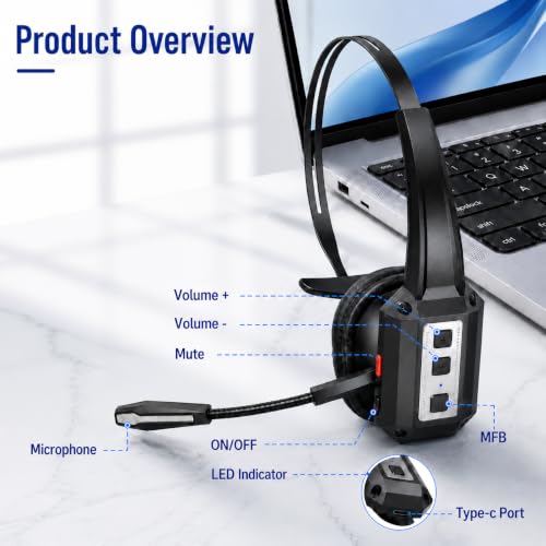 Bytewaveshop Trucker Bluetooth Headset with Mic, 55H Talk Time Wireless Headset, 99% Noise Cancelling Headphones with 270° Adjustable Mic, Bluetooth 6.0, Dual Device for Truck Drivers, Calls, Driving - color: Silver