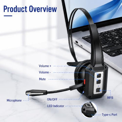 Bytewaveshop Trucker Bluetooth Headset with Mic, 55H Talk Time Wireless Headset, 99% Noise Cancelling Headphones with 270° Adjustable Mic, Bluetooth 6.0, Dual Device for Truck Drivers, Calls, Driving - color: Silver