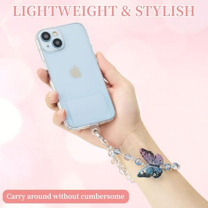 WOZEAH Phone Charm for Women, Beaded Wrist Strap Lanyard with Tether Tab – Anti-Theft Hands-Free Detachable Phone Chain Wristlet - color: Purple-blue Butterfly
