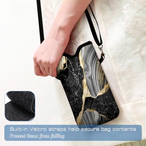 Universal Neoprene Cell Phone Pouch 7.1 X 4 in Mobile Protection Case Bag with Crossbody Strap/Neck Lanyard Black Marble Printed Pattern - color: Black Marble Printed Pattern
