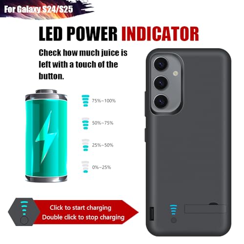 Battery Case for Samsung Galaxy S25 / S24, 5000mAh Rechargeable Extended Battery Charging Charger Case, Add 100% Extra Juice (6.2 Inches) Black
