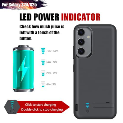 Battery Case for Samsung Galaxy S25 / S24, 5000mAh Rechargeable Extended Battery Charging Charger Case, Add 100% Extra Juice (6.2 Inches) Black