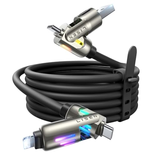 LISEN Chubby 4 in 1 Charging Cable (6.6FT) with Light, 240W Fast Charging Cable, USB A/C to C/Lightning Multi Charging Cable for iPhone 16 15 14 13 12 Pro Max, MacBook, iPad, Samsung, Black - color: Black, size: 6.6FT