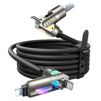 LISEN Chubby 4 in 1 Charging Cable (6.6FT) with Light, 240W Fast Charging Cable, USB A/C to C/Lightning Multi Charging Cable for iPhone 16 15 14 13 12 Pro Max, MacBook, iPad, Samsung, Black - color: Black, size: 6.6FT