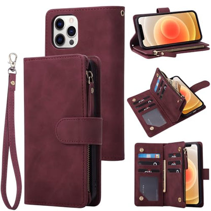 RANYOK Wallet Case Compatible with iPhone 13 Pro Max (6.7 inch), Premium PU Leather Zipper Folio Wallet RFID Blocking with Wrist Strap Magnetic Closure Built-in Kickstand Protective Case (Wine Red) - color: Wine Red