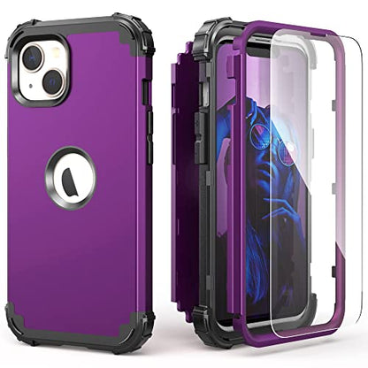 IDweel for iPhone 15 Case with Screen Protector,Luxury 3 in 1 Shockproof Slim Fit Hybrid Heavy Duty Protection Glitter Hard PC Cover Soft Silicone Bumper Full Body Case,Dark Purple - color: Dark Purple