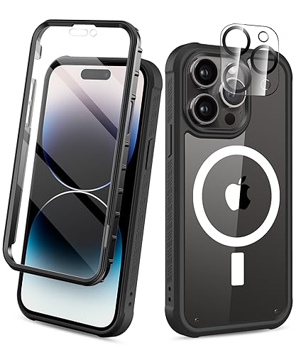 Compatible with iPhone 14 Pro Max Case, Built-in Screen Protector, with Camera Lens Protector, [Compatible with MagSafe] Full Body Phone Case, Protective Cover for 14 ProMax 6.7" (Black) - color: Magnetic Black, size: iPhone 14 Pro Max 6.7"