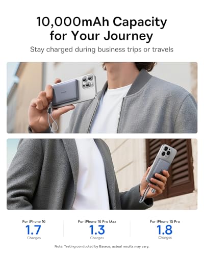 Baseus Picogo Qi2 15W Magsafe Portable Charger, 0.5" Ultra Slim 10000mAh Wireless Power Bank with 27W Built-in USB-C Cable, Magnetic Battery Pack for iPhone 17 Pro Max/17 Pro/Air/16/15/14/13/12 | 10000mAh Wireless Power Bank, 27W Fast Charging Magnetic Ba