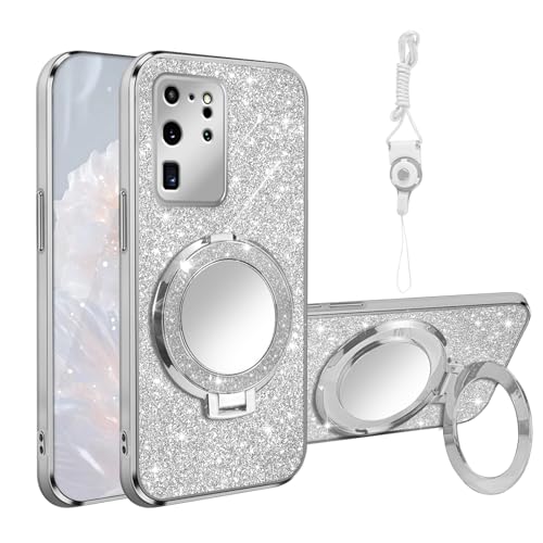 for Samsung Galaxy S20 Ultra Case [MagSafe Compatible] Glitter Card Clear Back Cover with Ring Kickstand, Lanyard, Mirror Soft TPU Protective Cover for Samsung S20 Ultra Phone Case, Silver - color: Silver, size: Samsung Galaxy S20 Ultra