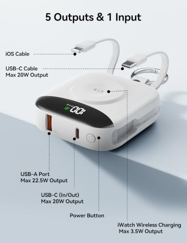 Portable Charger 10000mAh 22.5W Power Bank Built-in 2 Cables Keychain | Charge 5 Devices, TSA approved, Travel Fast Charging Battery Pack for iPhone Samsung Google Android & iWatch Charger, White - color: White