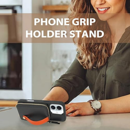 LAMEEKU Compatible with iPhone 16 Wallet Case with Card Holder, Zipper Leather Crossbody Case with Phone Grip Holder Stand Wrist Strap for Women 6.1 inch Black - color: Black, size: iPhone 16 6.1''