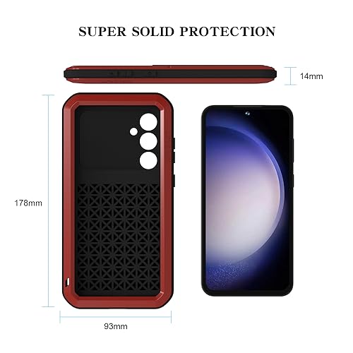 LOVE MEI Military Rugged Case for Samsung Galaxy S23 Fe, with Tempered Glass Screen Protector, Shockproof Dustproof Scratch Proof Hybrid Metal and Silicone Gel Heavy Duty Full Body Cover (Red) - color: Red