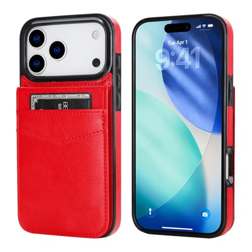 KIHUWEY for iPhone 17 Pro Max Wallet Case Card Holder Kickstand, Red | Credit Card Slots, PU Leather, Magnetic Clasp, Flip Heavy Duty Protection Cover for Men - color: Red