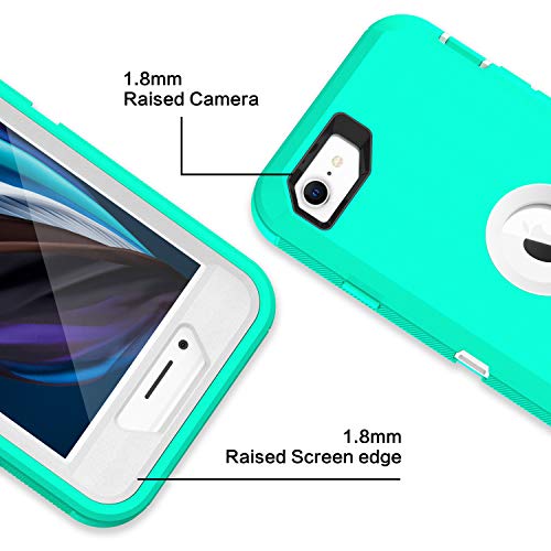 MXX Case Designed for iPhone SE Case 2020 /SE 2022 Heavy Duty Protective Case with Screen Protector [3 Layers] Rugged Rubber Protection Cover & Rotating 360 Degree Belt Clip SE 3rd/2nd Gen(Aqua/White) - color: Aqua/White
