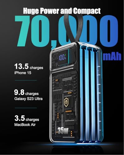 70000mAh Portable Charger, 35W Fast Charging Power Bank Built-in 3 Cables with 7 Ports, High Capacity Large External Battery Pack for iPhone,Galaxy,Steam Deck, Camping Travel Essentials