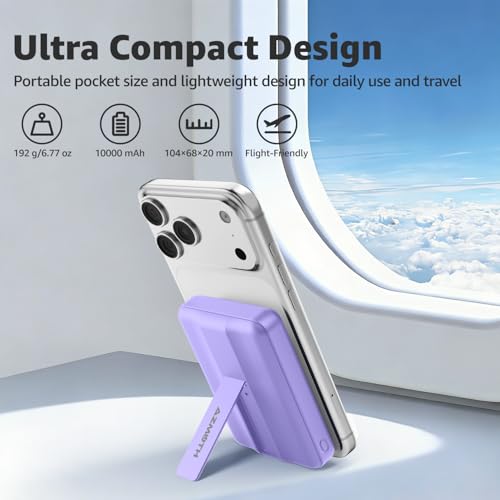 Azmuth for MagSafe Portable Charger, 10000mAh Magnetic Power Bank 20W PD | Fast Charging,Wireless Battery Pack with LED Display & Stand,Travel Essentials,for iPhone 17/16/15/14/13/12 Series - color: Purple