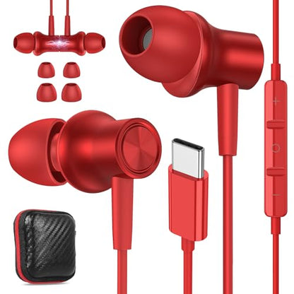 ASKUBSKU USB C Earbuds for Samsung S25 S26 Ultra S24+ S23 Fe S22, Red - color: Red
