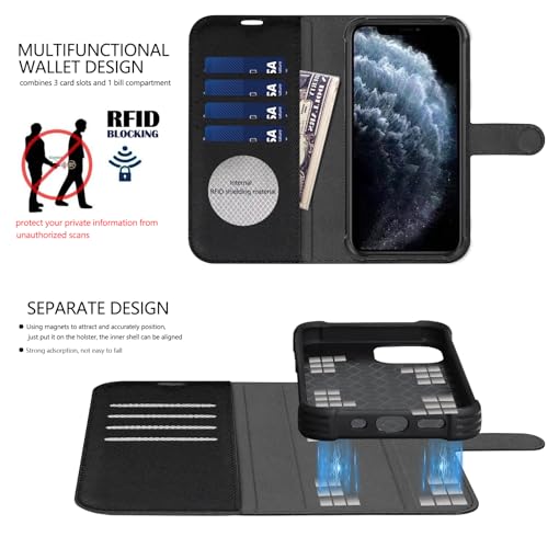 Leather Case Compatible with iPhone 16 Pro Max Wallet 6.9" Black | Genuine Leather 2-in-1 Magnetic Detachable Shockproof,Flip Folio Cover with Card Slot,Wireless Charging RFID Blocking - color: Black, size: 16 Pro Max
