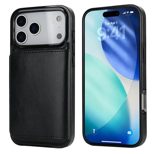 KIHUWEY Compatible with iPhone 17 Pro Max Wallet Case Credit Card Holder, Premium Leather Kickstand Flip Hidden Magnetic Clasp Durable Shockproof Protective Cover for 6.9 inch (Black) - color: Black